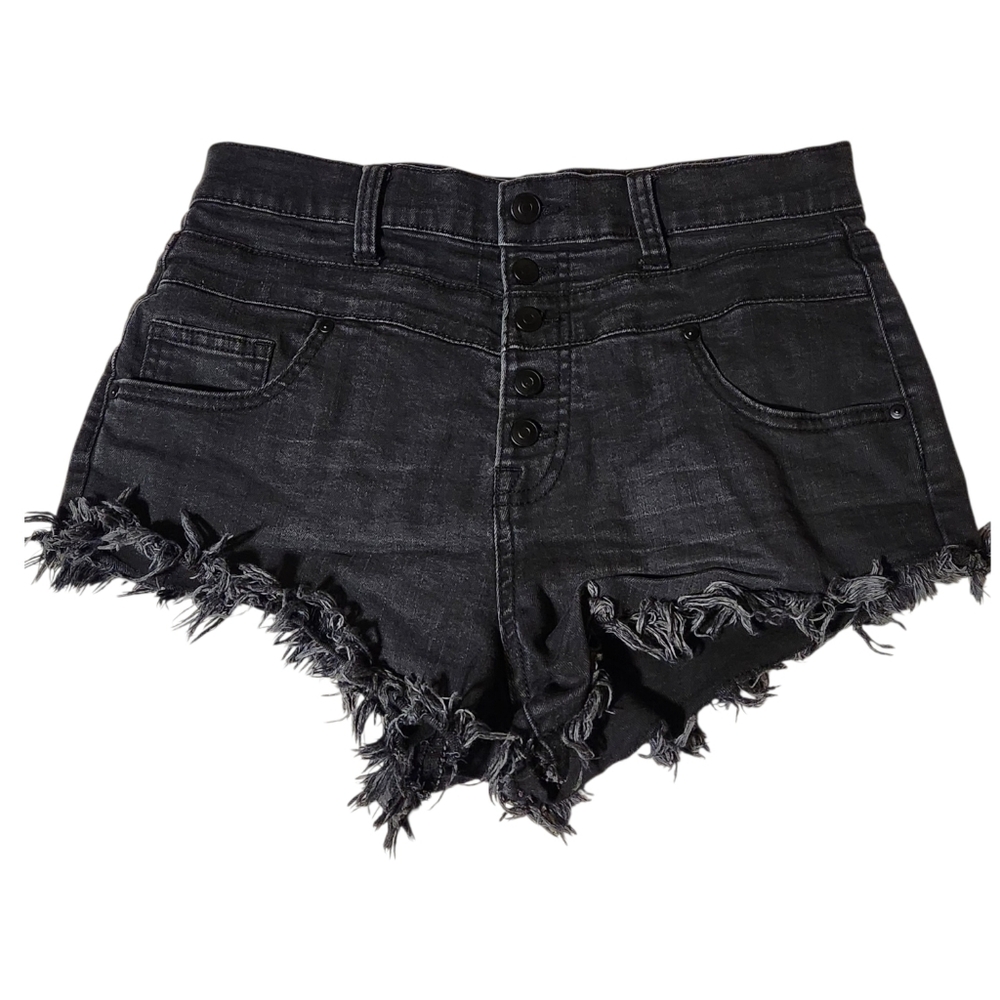 No Boundaries Shorts Womens Juniors 11 High Rise Button Fly Denim Frayed Cutoff
